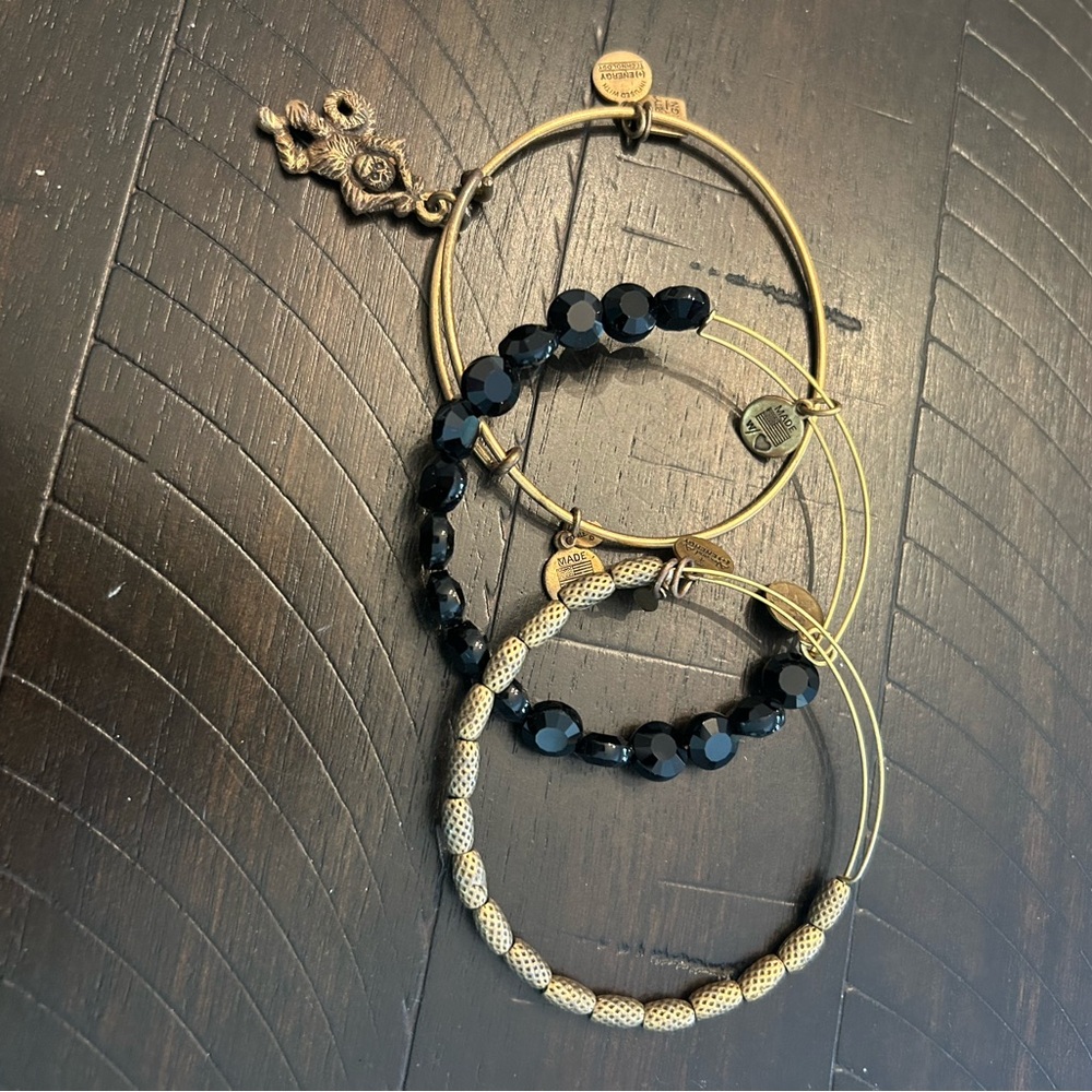 Alex and Ani Gold-tone and Black Beaded Bangle and Monkey Bangle Bracelet Set